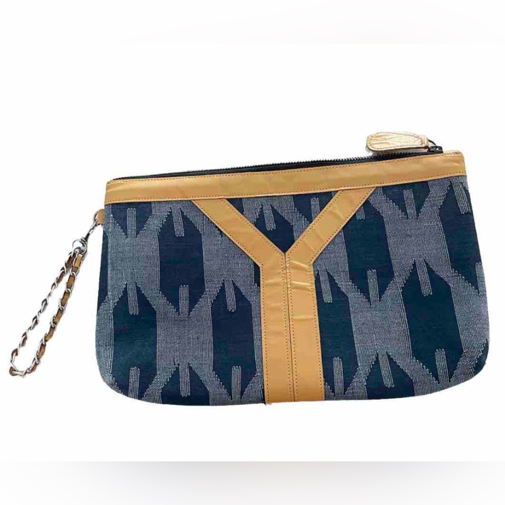 Noonday Collection Blue Patterned Wristlet Clutch Leather Trim Chain Strap